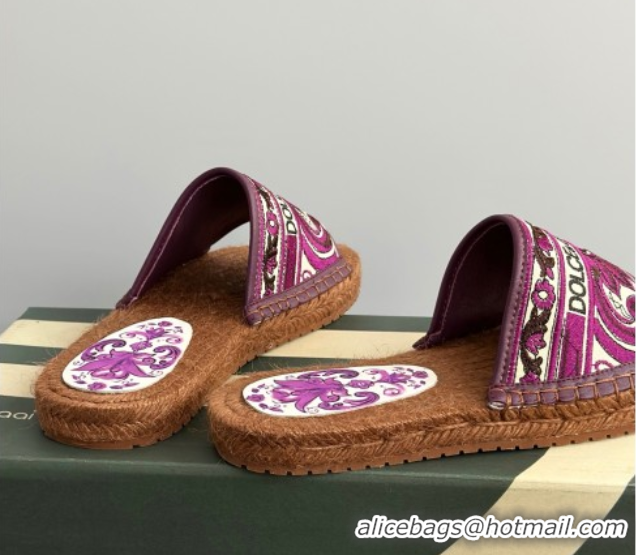 Charming Dolce & Gabbana Espadrille Flat Sliders Sandal in Majolica Embroidery Purple 0825137
