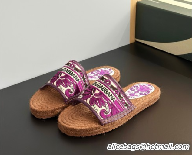 Charming Dolce & Gabbana Espadrille Flat Sliders Sandal in Majolica Embroidery Purple 0825137