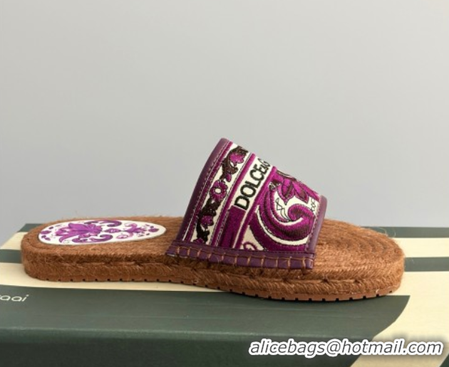 Charming Dolce & Gabbana Espadrille Flat Sliders Sandal in Majolica Embroidery Purple 0825137