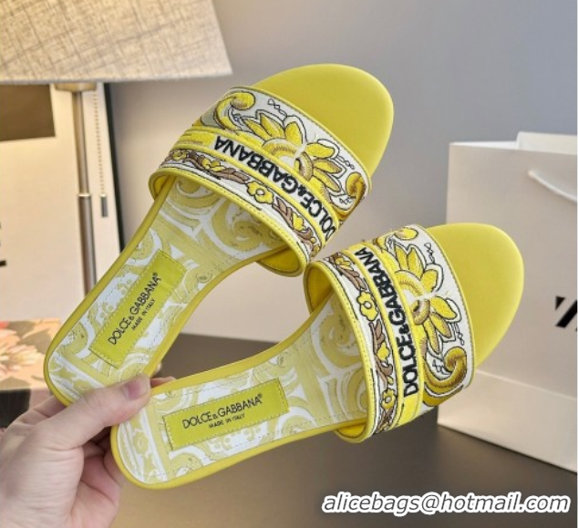 Good Product Dolce & Gabbana Flat Sliders Sandal in Majolica Embroidery Yellow 0825138