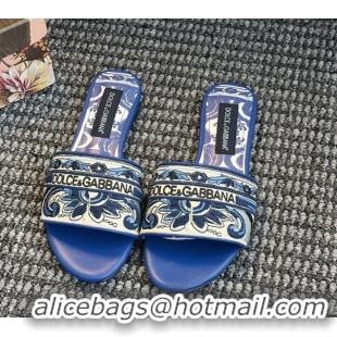 Best Product Dolce & Gabbana Flat Sliders Sandal in Majolica Embroidery Blue 0825140