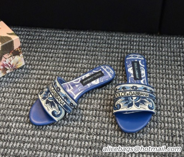 Best Product Dolce & Gabbana Flat Sliders Sandal in Majolica Embroidery Blue 0825140