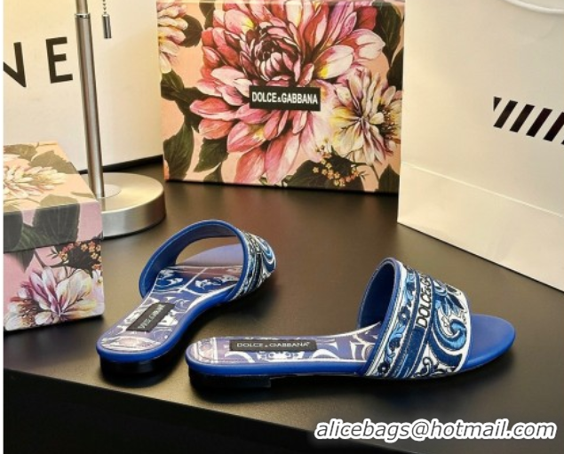 Best Product Dolce & Gabbana Flat Sliders Sandal in Majolica Embroidery Blue 0825140