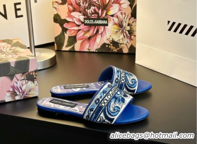Best Product Dolce & Gabbana Flat Sliders Sandal in Majolica Embroidery Blue 0825140