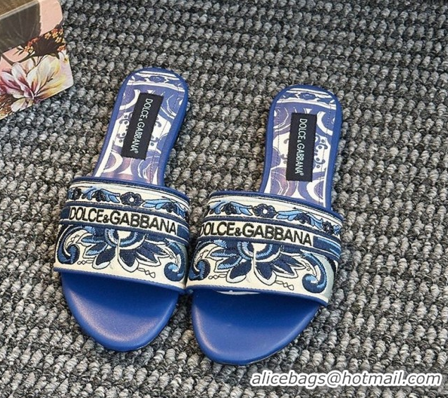 Best Product Dolce & Gabbana Flat Sliders Sandal in Majolica Embroidery Blue 0825140