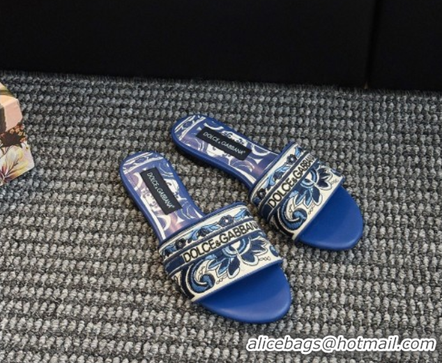 Best Product Dolce & Gabbana Flat Sliders Sandal in Majolica Embroidery Blue 0825140
