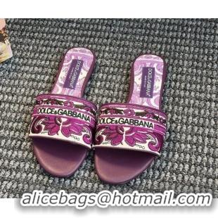 Hot Style Dolce & Gabbana Flat Sliders Sandal in Majolica Embroidery Purple 0825141