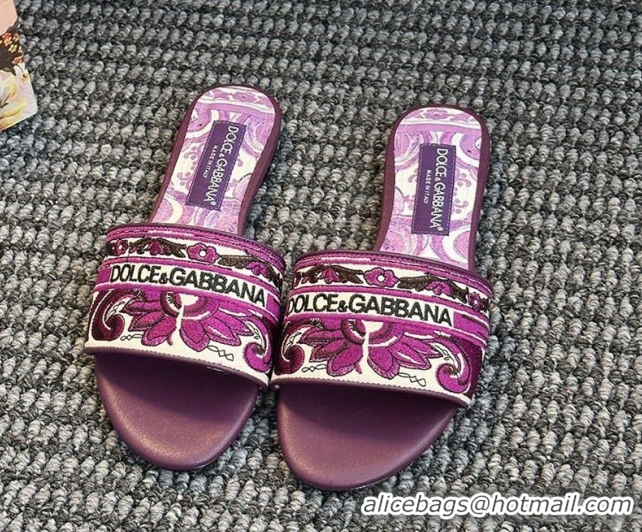 Hot Style Dolce & Gabbana Flat Sliders Sandal in Majolica Embroidery Purple 0825141