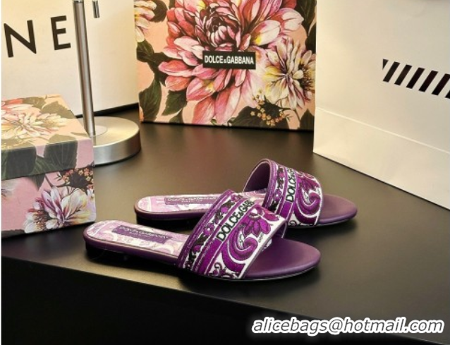 Hot Style Dolce & Gabbana Flat Sliders Sandal in Majolica Embroidery Purple 0825141