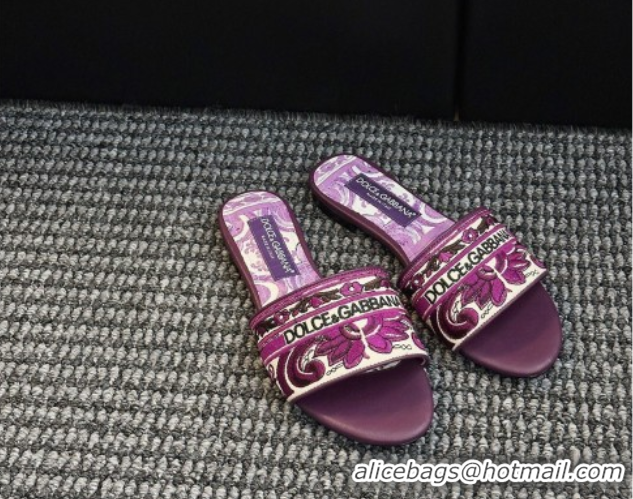 Hot Style Dolce & Gabbana Flat Sliders Sandal in Majolica Embroidery Purple 0825141