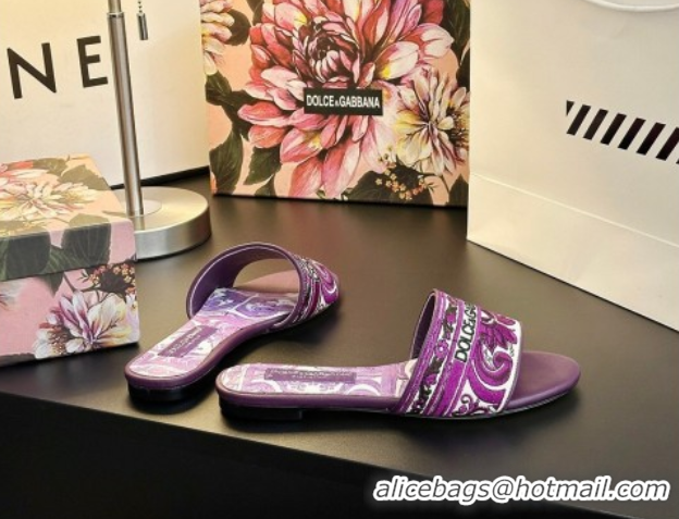 Hot Style Dolce & Gabbana Flat Sliders Sandal in Majolica Embroidery Purple 0825141