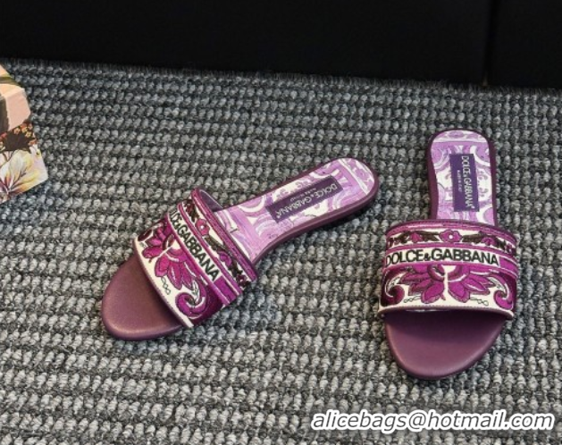 Hot Style Dolce & Gabbana Flat Sliders Sandal in Majolica Embroidery Purple 0825141
