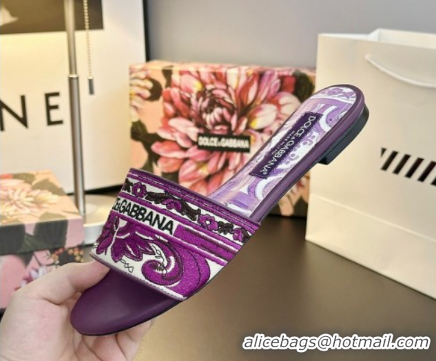 Hot Style Dolce & Gabbana Flat Sliders Sandal in Majolica Embroidery Purple 0825141
