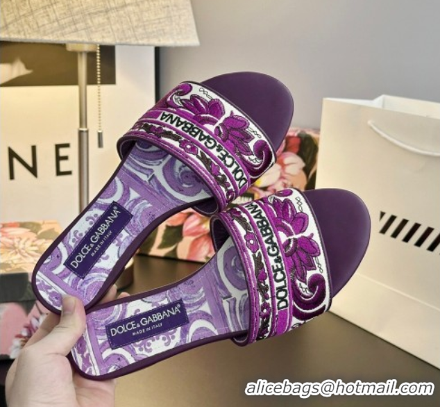 Hot Style Dolce & Gabbana Flat Sliders Sandal in Majolica Embroidery Purple 0825141