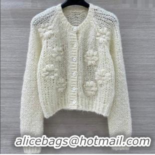 Top Design Celine Mohair and Wool Cardigan with Flower 1014 White 2025