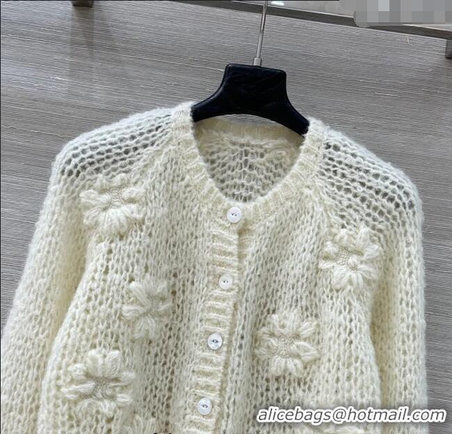 Top Design Celine Mohair and Wool Cardigan with Flower 1014 White 2025