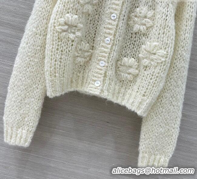 Top Design Celine Mohair and Wool Cardigan with Flower 1014 White 2025