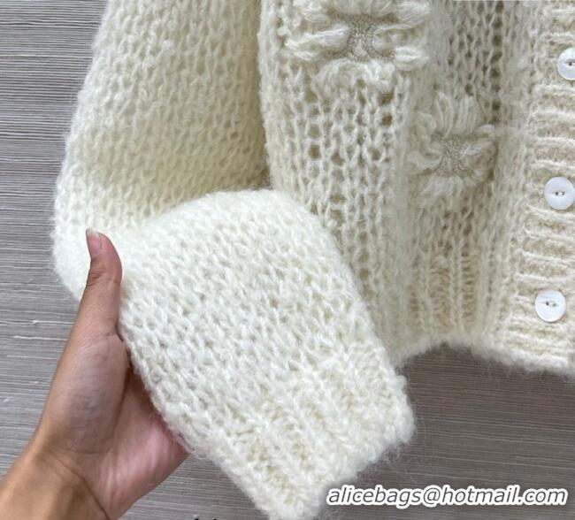 Top Design Celine Mohair and Wool Cardigan with Flower 1014 White 2025