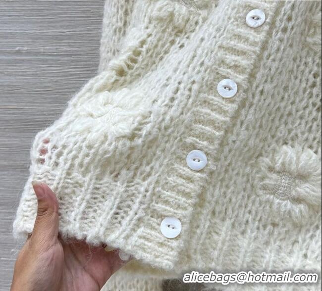 Top Design Celine Mohair and Wool Cardigan with Flower 1014 White 2025