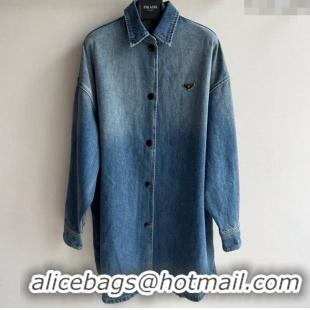 Super Quality Prada Long Denim Jacket 0815 Blue 2025