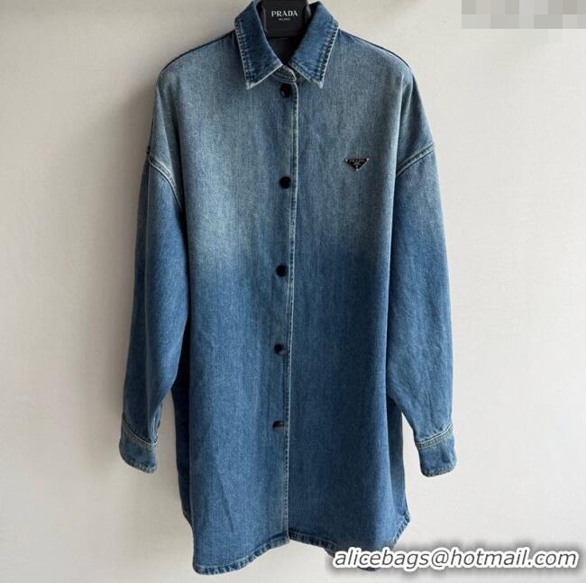 Super Quality Prada Long Denim Jacket 0815 Blue 2025