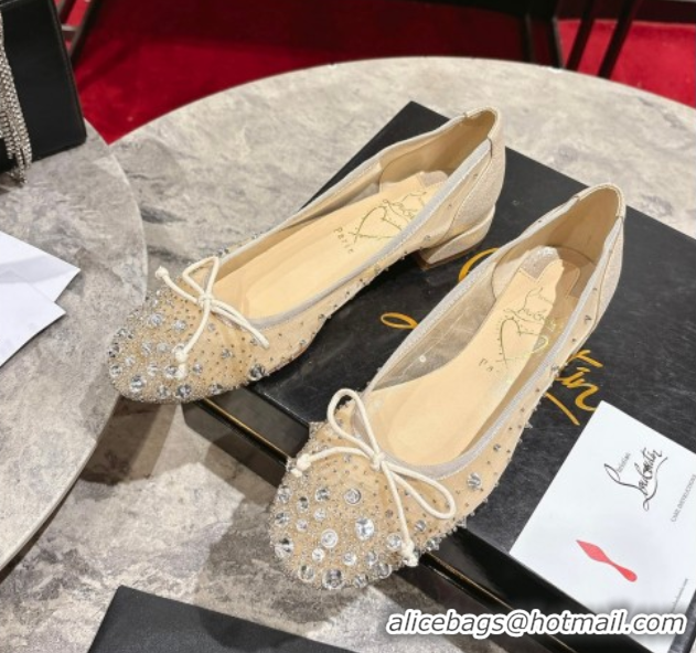 Duplicate Christian Louboutin Sweetie Jane Sparkling Ballerinas Flat in Mesh and Strass Beige 1030109