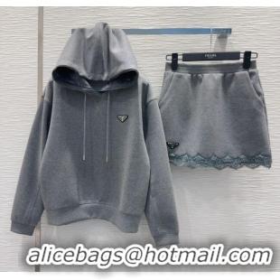 Promotional Prada Sweatshirt and Mini Skirt Set with Lace Trim PR090402 2025