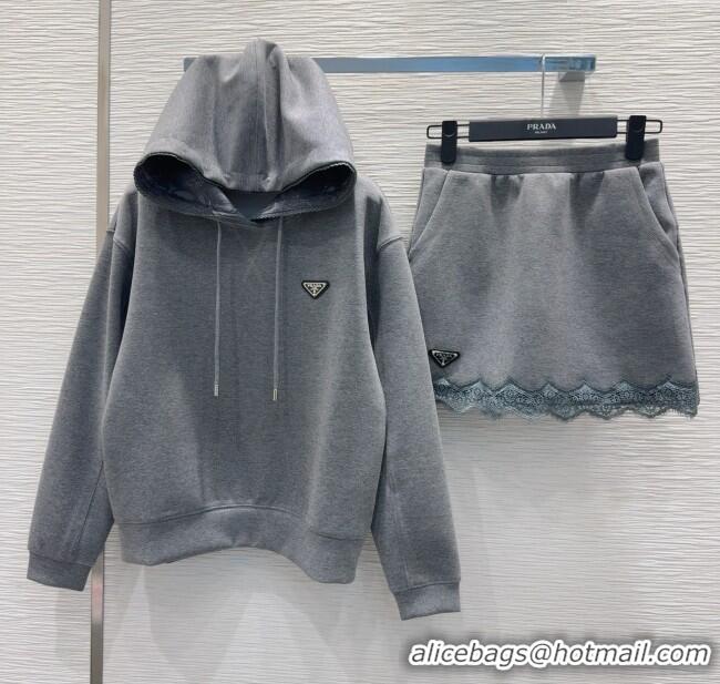 Promotional Prada Sweatshirt and Mini Skirt Set with Lace Trim PR090402 2025