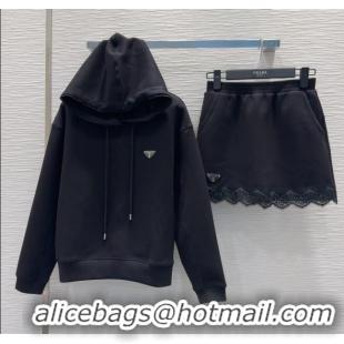 Promotional Prada Sweatshirt and Mini Skirt Set with Lace Trim PR090402 Black 2025