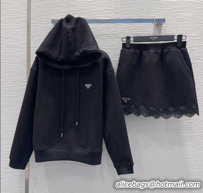 Promotional Prada Sweatshirt and Mini Skirt Set with Lace Trim PR090402 Black 2025