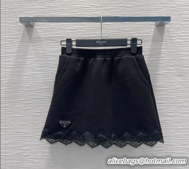 Promotional Prada Sweatshirt and Mini Skirt Set with Lace Trim PR090402 Black 2025