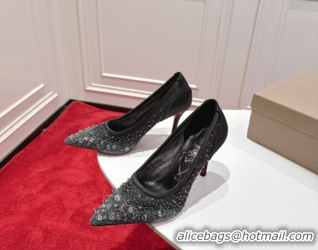 Grade Quality Christian Louboutin Miss Z Sparkling Pumps 8.5cm in Mesh and Strass Black 1030114