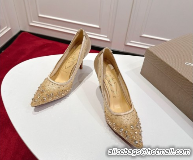 Luxury Christian Louboutin Miss Z Sparkling Pumps 8.5cm in Mesh and Strass Beige 1030115