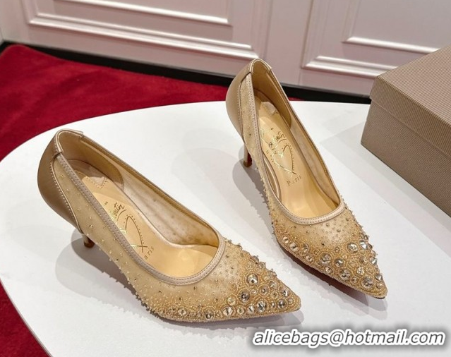 Luxury Christian Louboutin Miss Z Sparkling Pumps 8.5cm in Mesh and Strass Beige 1030115
