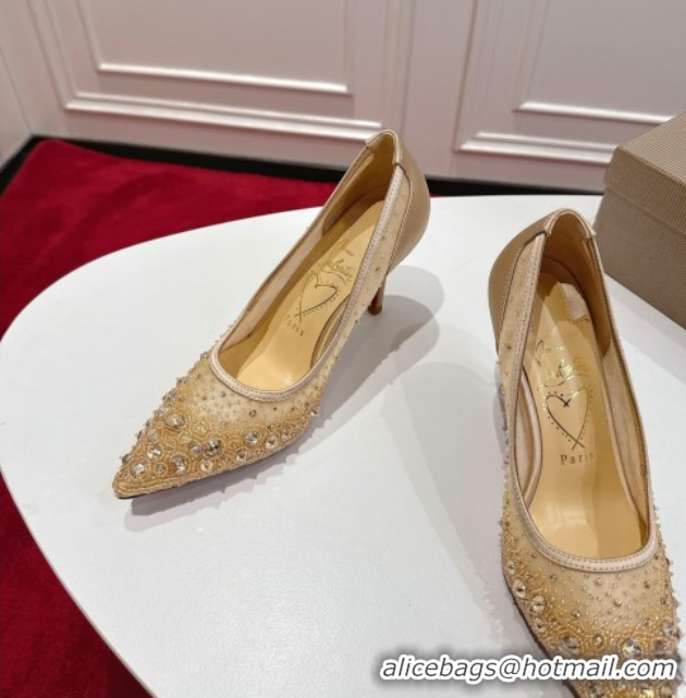 Luxury Christian Louboutin Miss Z Sparkling Pumps 8.5cm in Mesh and Strass Beige 1030115