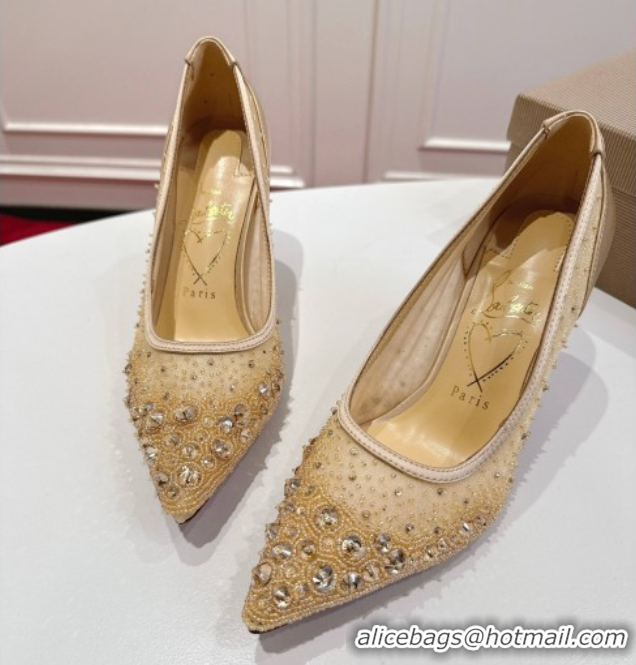 Luxury Christian Louboutin Miss Z Sparkling Pumps 8.5cm in Mesh and Strass Beige 1030115