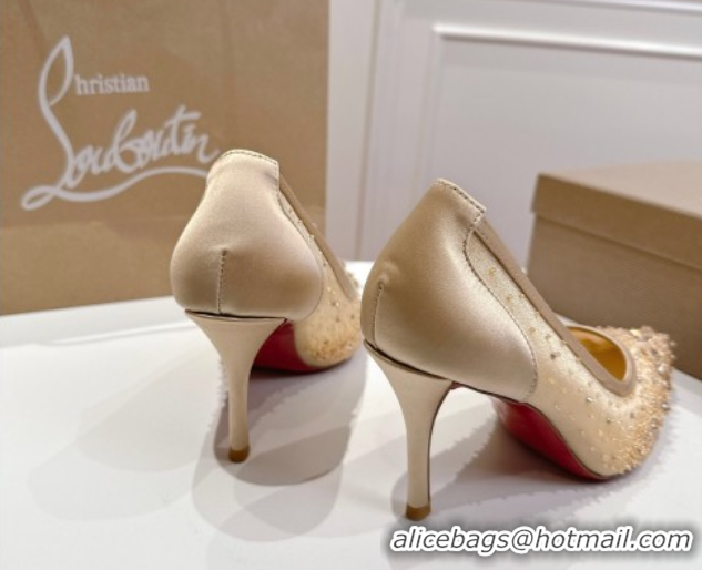 Luxury Christian Louboutin Miss Z Sparkling Pumps 8.5cm in Mesh and Strass Beige 1030115