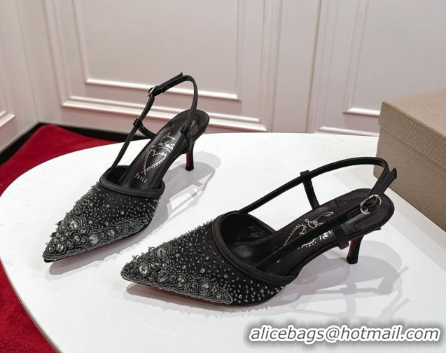 Stylish Christian Louboutin Miss Z Slingback Sparkling Pump 8.5cm in Mesh and Strass Black 1030117