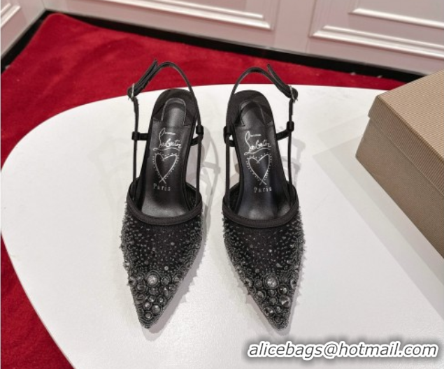 Stylish Christian Louboutin Miss Z Slingback Sparkling Pump 8.5cm in Mesh and Strass Black 1030117