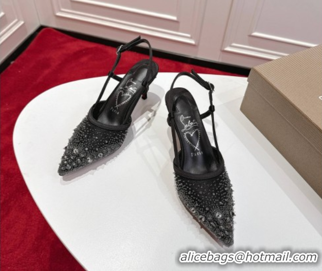 Stylish Christian Louboutin Miss Z Slingback Sparkling Pump 8.5cm in Mesh and Strass Black 1030117