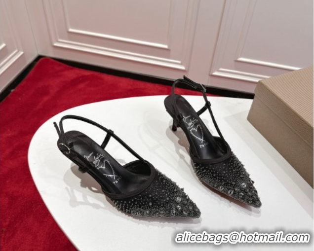 Stylish Christian Louboutin Miss Z Slingback Sparkling Pump 8.5cm in Mesh and Strass Black 1030117