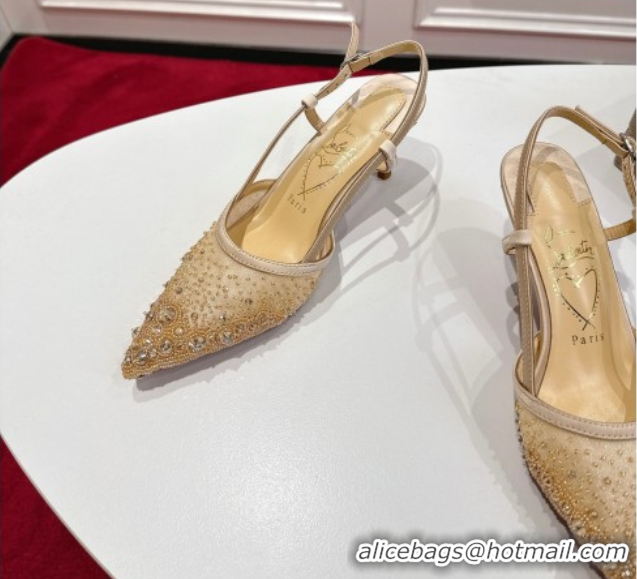 Duplicate Christian Louboutin Miss Z Slingback Sparkling Pump 8.5cm in Mesh and Strass Beige 1030118