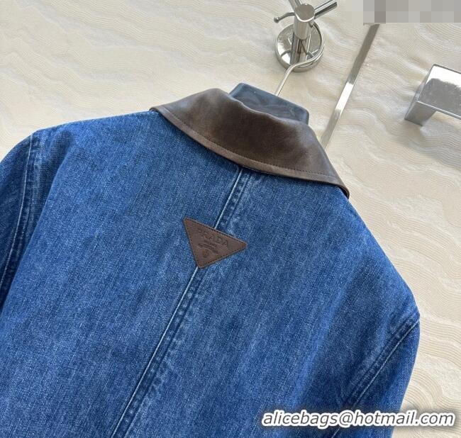 Free Shipping Discount Prada Denim Long Jacket PR090408 Blue 2025