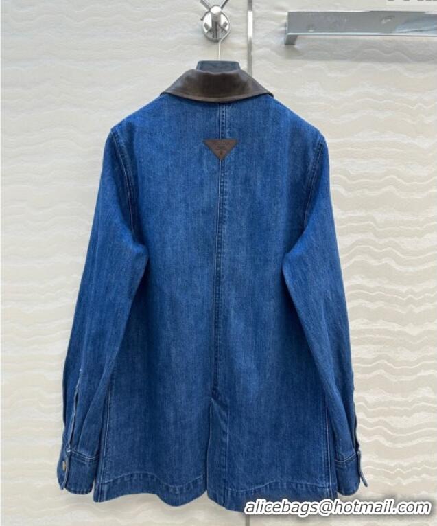 Free Shipping Discount Prada Denim Long Jacket PR090408 Blue 2025