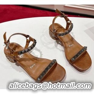 Hot Style Christian Louboutin Pyrasand Heel Sandals 5.5cm in Waxed Leather with Spike Studs Brown 1030128