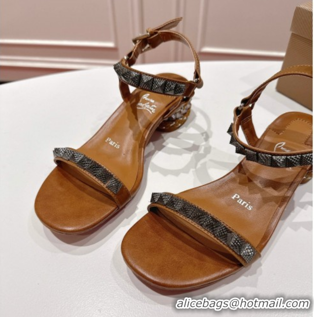 Hot Style Christian Louboutin Pyrasand Heel Sandals 5.5cm in Waxed Leather with Spike Studs Brown 1030128