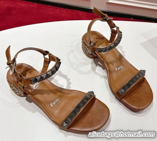 Hot Style Christian Louboutin Pyrasand Heel Sandals 5.5cm in Waxed Leather with Spike Studs Brown 1030128