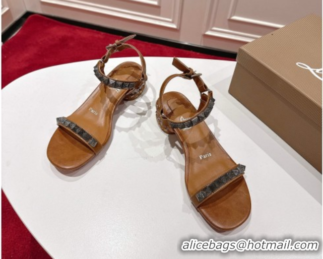 Hot Style Christian Louboutin Pyrasand Heel Sandals 5.5cm in Waxed Leather with Spike Studs Brown 1030128