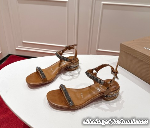 Hot Style Christian Louboutin Pyrasand Heel Sandals 5.5cm in Waxed Leather with Spike Studs Brown 1030128