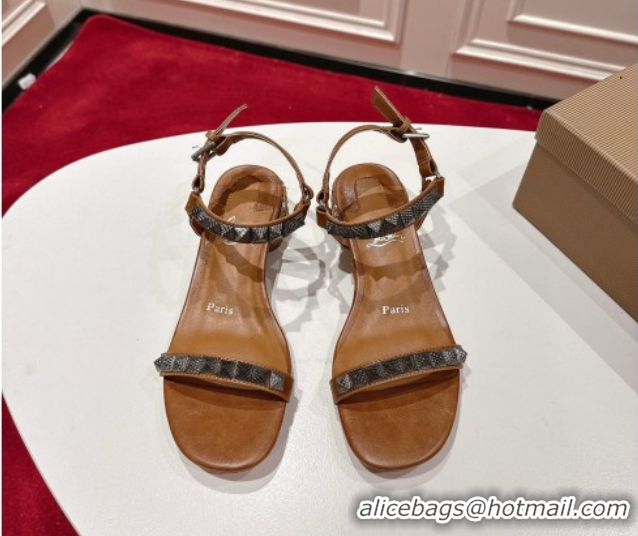 Hot Style Christian Louboutin Pyrasand Heel Sandals 5.5cm in Waxed Leather with Spike Studs Brown 1030128